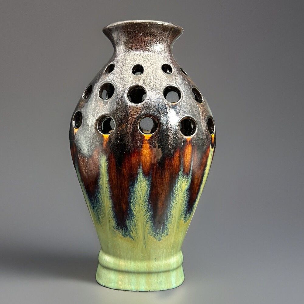 Vintage Sculptural Pierced Ceramic Vase Brutalist Ikebana Scandinavian Decor